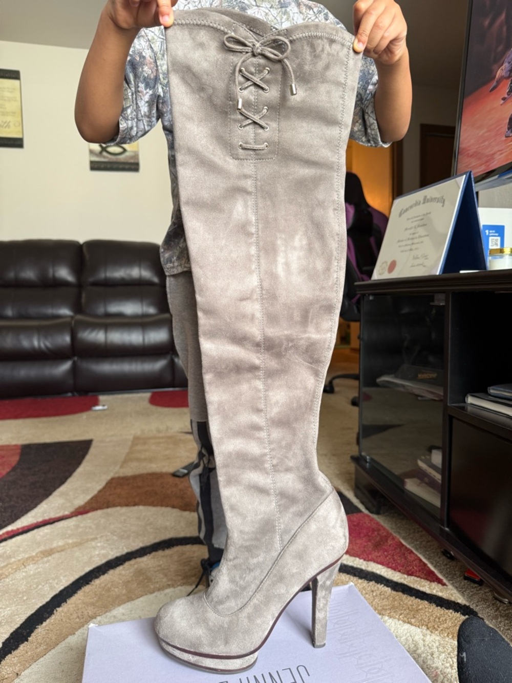 Jennifer Lopez Taupe Suede Over-the-Knee Lace-Up Boots